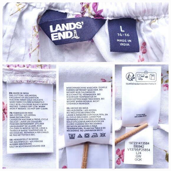 Lands End Cotton Voile Top Size L White Floral Short Puff Sleeve Cottage Prairie - Picture 6 of 8